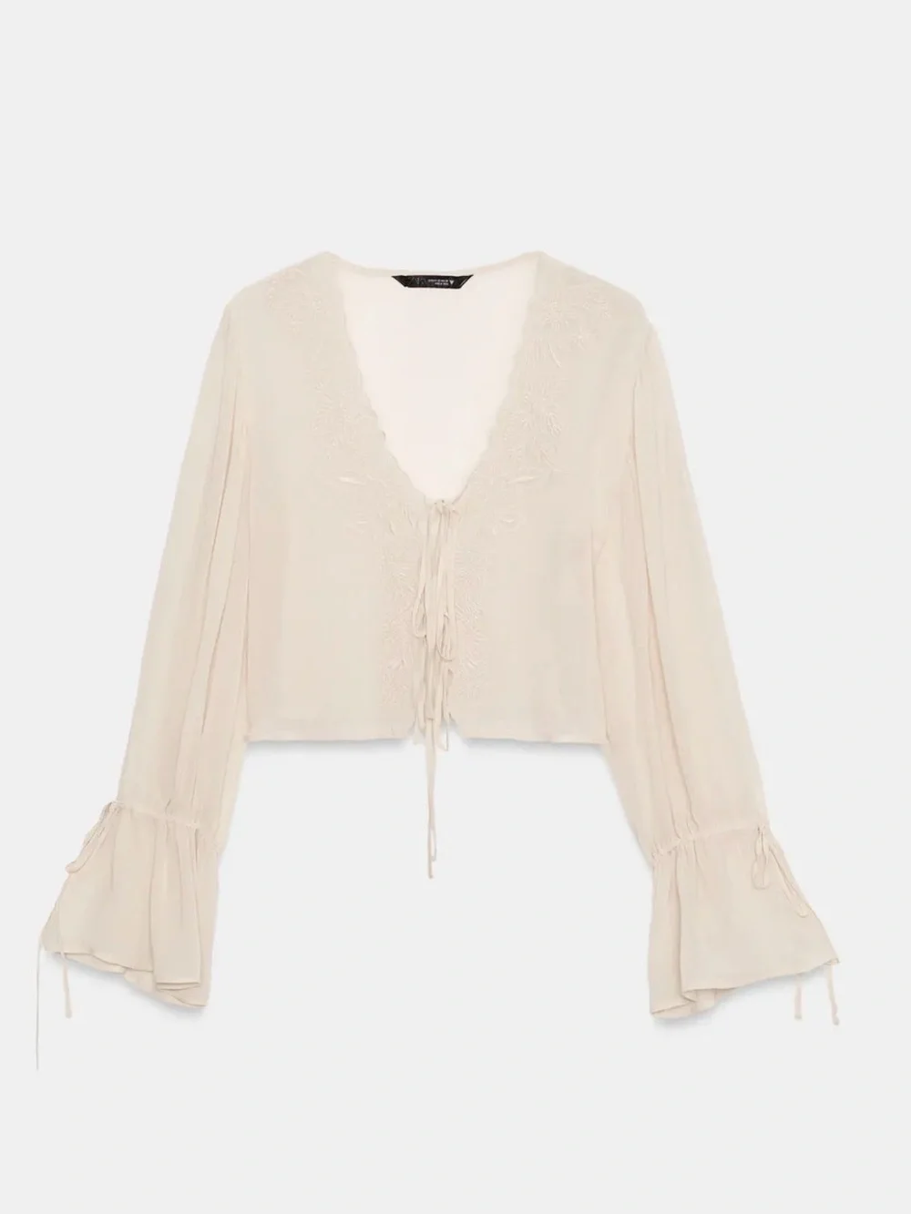 ZARA | NWT - Sheer Embroidered Tie-Front Blouse - Medium